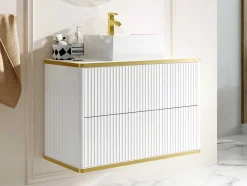 Vente-unique Badkamermeubel Met Enkele Wastafel-Zwevend, Geribbeld Badkamermeubel Met Goudkleurige Randen En Opzetwastafel - Wit - 80 Cm - Keliza